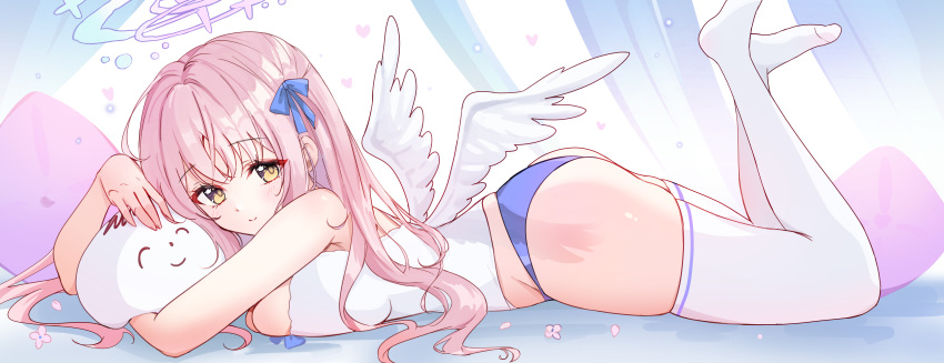 1girl absurdres ash_(cat7evy) ass blue_archive blue_panties breasts camisole cushion feathered_wings feet_up hair_ribbon halo highres large_breasts looking_at_viewer lying mika_(blue_archive) on_stomach panties pink_hair ribbon solo thighhighs underwear white_camisole white_thighhighs white_wings wings