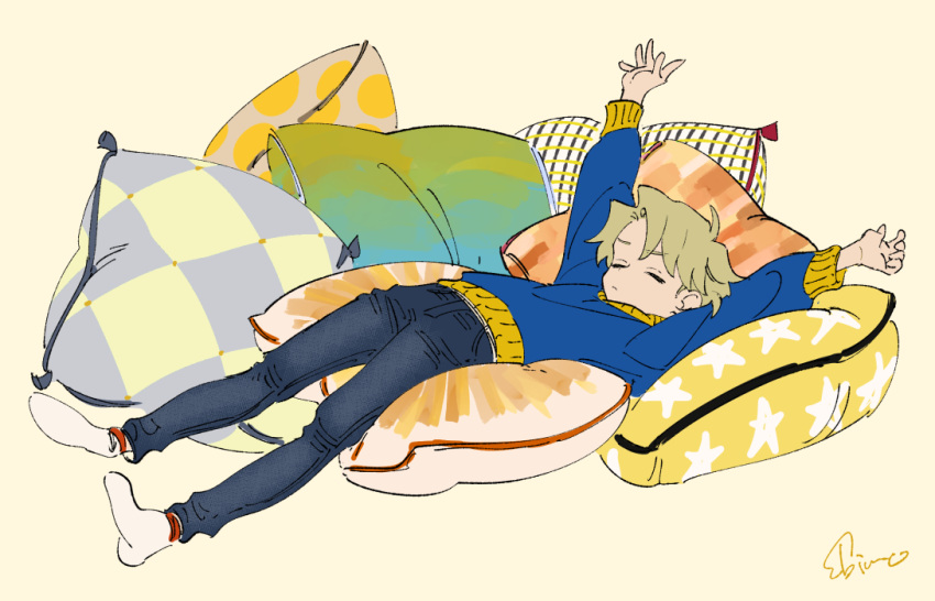 1boy blonde_hair blue_sweater child closed_eyes closed_mouth denim finn_oldman from_side full_body hands_up high_card jeans lying male_focus mojisan_(ebimo) on_back on_cushion pants parted_bangs short_hair signature simple_background socks solo stretching sweater white_socks