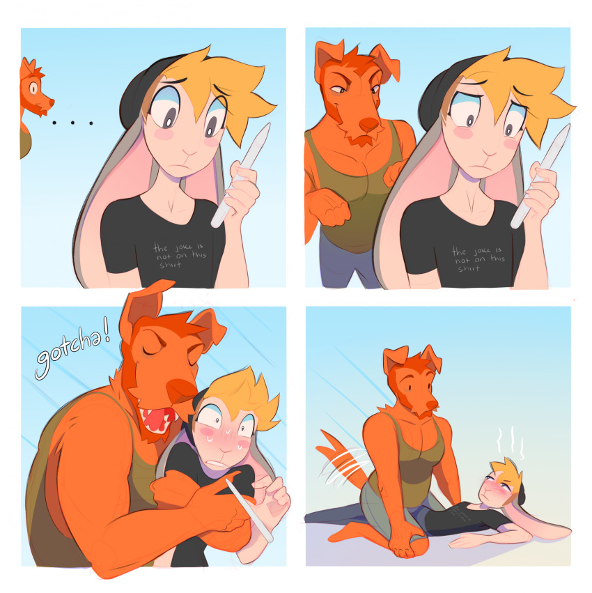 4_panel_comic anthro blonde_hair blue_background blush blush_stickers bodily_fluids bottomwear canid canine canis clothing denim denim_bottomwear denim_clothing domestic_dog dot_eyes duo english_text fangs floppy_ears fur grey_body grey_fur hair half-closed_eyes heresvix hi_res humor jeans lagomorph leporid male mammal narrowed_eyes open_mouth open_smile orange_body orange_fur orange_hair pants rabbit shirt shorts simple_background smile smirk smug smug_face sneaking sound_effects stylus sweat sweatdrop t-shirt tan_body tan_fur tank_top teeth text topwear wide_eyed