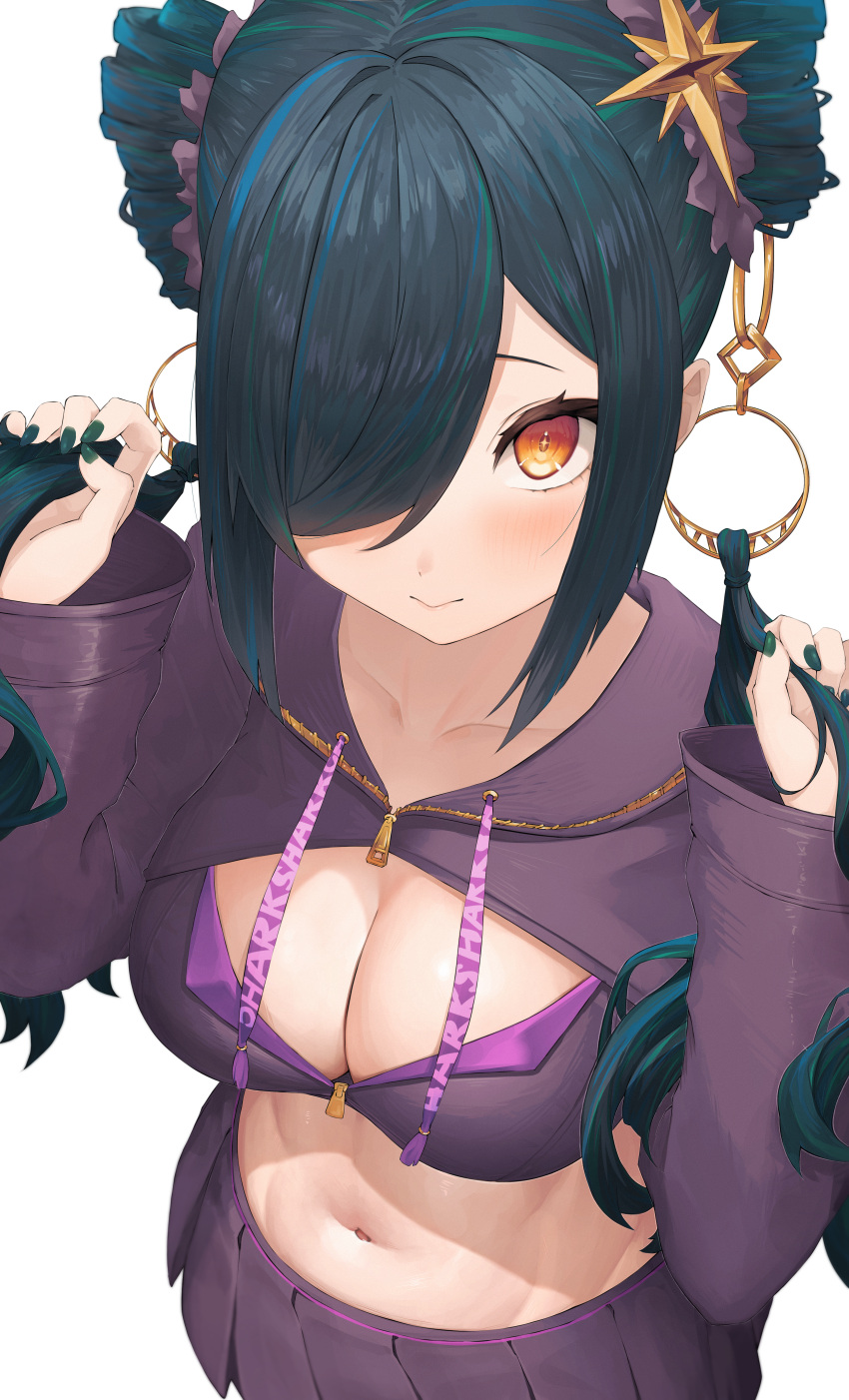 +_+ 1girl absurdres amatou_(ko_me_9) black_hair blue_hair blush breasts bunching_hair bustier cleavage closed_mouth detached_hair drawstring drill_hair from_above gradient_eyes green_hair green_nails hair_ornament hair_over_one_eye highres hooded_shrug jacket kitakoji_hisui kitakoji_hisui_(4th_costume) large_breasts long_bangs long_hair long_sleeves looking_at_viewer low_twintails midriff miniskirt multicolored_eyes multicolored_hair navel nijisanji orange_eyes pleated_skirt purple_jacket purple_shirt shirt simple_background skirt solo star_(symbol) star_hair_ornament streaked_hair twin_drills twintails virtual_youtuber white_background yellow_eyes zipper zipper_pull_tab