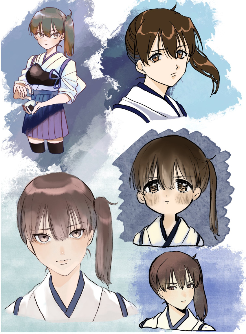 1girl aupt31 black_thighhighs blue_hakama blush brown_eyes brown_hair closed_mouth commentary_request food hair_between_eyes hakama hakama_skirt highres holding holding_food japanese_clothes kaga_(kancolle) kantai_collection multiple_views muneate onigiri ponytail side_ponytail simple_background skirt tasuki thighhighs