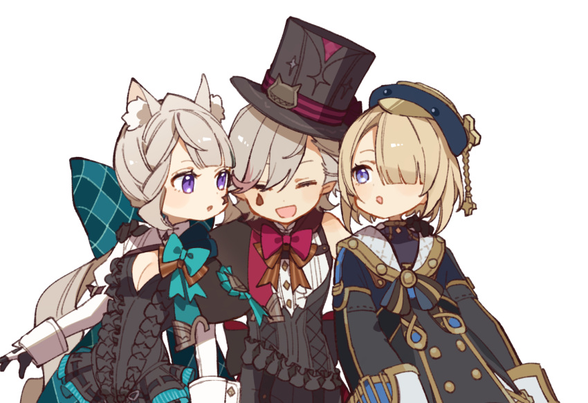 1girl 2boys :d :o ^_^ aiwo_o_lite animal_ear_fluff animal_ears aqua_bow aqua_bowtie award_ribbon beret black_capelet black_corset black_dress black_gloves black_hat black_jacket black_shirt blonde_hair blue_eyes blue_hat blunt_bangs blush bow bowtie brother_and_sister brothers brown_bow brown_bowtie buttons capelet cat_ears center_frills closed_eyes commentary_request corset dress eyelashes facial_mark freminet_(genshin_impact) frills genshin_impact gloves gold_trim grey_hair hair_between_eyes hair_bow hair_over_one_eye hand_on_another's_shoulder hat huge_bow jacket juliet_sleeves long_hair long_sleeves looking_at_another looking_to_the_side low_ponytail lynette_(genshin_impact) lyney_(genshin_impact) multicolored_hair multiple_boys one_eye_covered open_mouth parted_bangs ponytail puffy_sleeves purple_eyes red_bow red_bowtie red_hair shirt short_dress short_hair shrug_(clothing) siblings sidelocks simple_background sleeve_cuffs sleeveless sleeveless_shirt smile star_(symbol) star_facial_mark streaked_hair swept_bangs teardrop_facial_mark tilted_headwear top_hat two-tone_gloves very_long_hair white_background white_gloves white_shirt