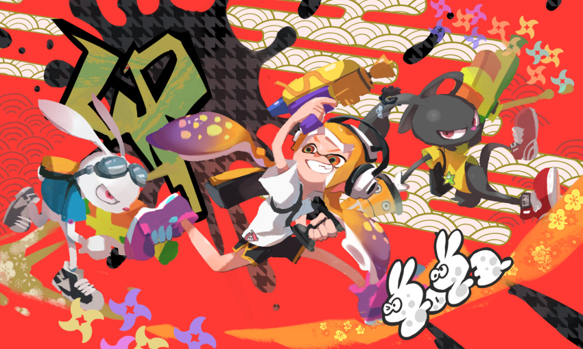 1girl 2others arm_up black_shorts blue_shirt furry goggles goggles_on_head gradient_hair grin headphones highres holding ink_tank_(splatoon) inkling inkling_girl inkling_player_character koike3582 leg_up long_hair multicolored_hair multiple_others orange_eyes orange_hair prototype_design purple_hair running shirt shoes short_sleeves shorts smile sneakers splatoon_(series) splattershot_(splatoon) suction_bomb_(splatoon) suction_cups super_soaker t-shirt tentacle_hair two-tone_hair v-shaped_eyebrows very_long_hair white_shirt yellow_shirt