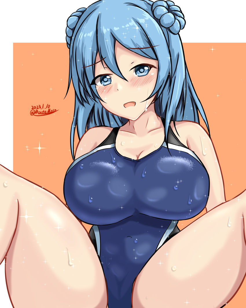 1girl absurdres blue_eyes blue_hair blue_one-piece_swimsuit blush border breasts collarbone competition_swimsuit dated double_bun hair_bun highleg highleg_swimsuit highres impossible_clothes impossible_swimsuit kantai_collection large_breasts medium_hair montemasa one-piece_swimsuit open_mouth orange_background sitting solo swimsuit twitter_username two-tone_swimsuit urakaze_(kancolle) wet wet_clothes wet_swimsuit white_border
