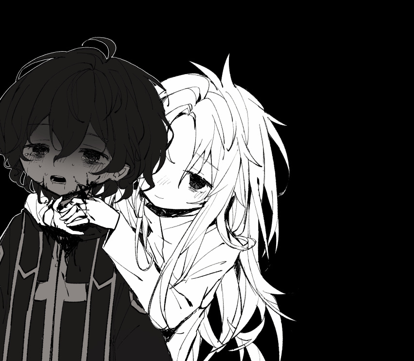 2boys absurdres black_background closed_mouth gelato1014 greyscale hair_between_eyes hatsutori_hajime highres long_hair long_sleeves male_focus monochrome multiple_boys open_mouth parted_bangs saibou_shinkyoku shirt short_hair simple_background smile stole strangling sweat tears utsugi_noriyuki