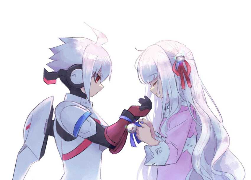 1boy 1girl acura_(gunvolt) ahoge aihira_(aihira12) armor azure_striker_gunvolt azure_striker_gunvolt_2 bell blue_ribbon closed_eyes dress hair_bell hair_ornament headgear long_hair mytyl_(gunvolt) pink_dress power_armor red_eyes ribbon short_hair simple_background upper_body white_armor white_background white_hair