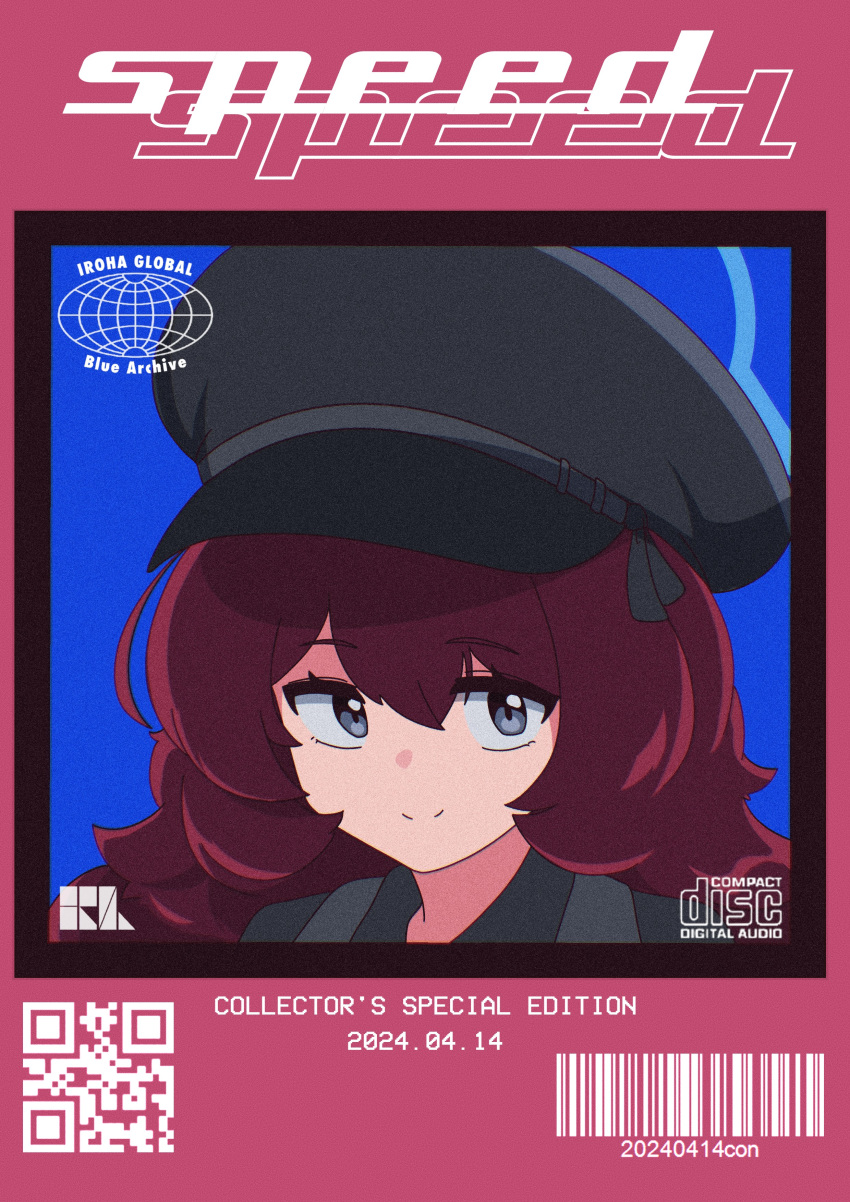 1girl absurdres barcode blue_archive closed_mouth dated english_text grey_eyes grey_hat hat highres hrna iroha_(blue_archive) logo long_hair military_hat open_eyes qr_code red_hair retro_artstyle smile solo