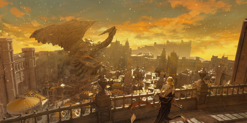 1girl armlet backless_dress backless_outfit bare_back bare_shoulders black_dress blonde_hair building chinese_commentary city cityscape cloud commentary_request dragon dress elden_ring evening fantasy from_above highres lin_nulixiulian long_hair low-braided_long_hair low-tied_long_hair orange_clouds outdoors queen_marika_the_eternal railing sash scenery sky standing sunlight tower wide_shot yellow_sash