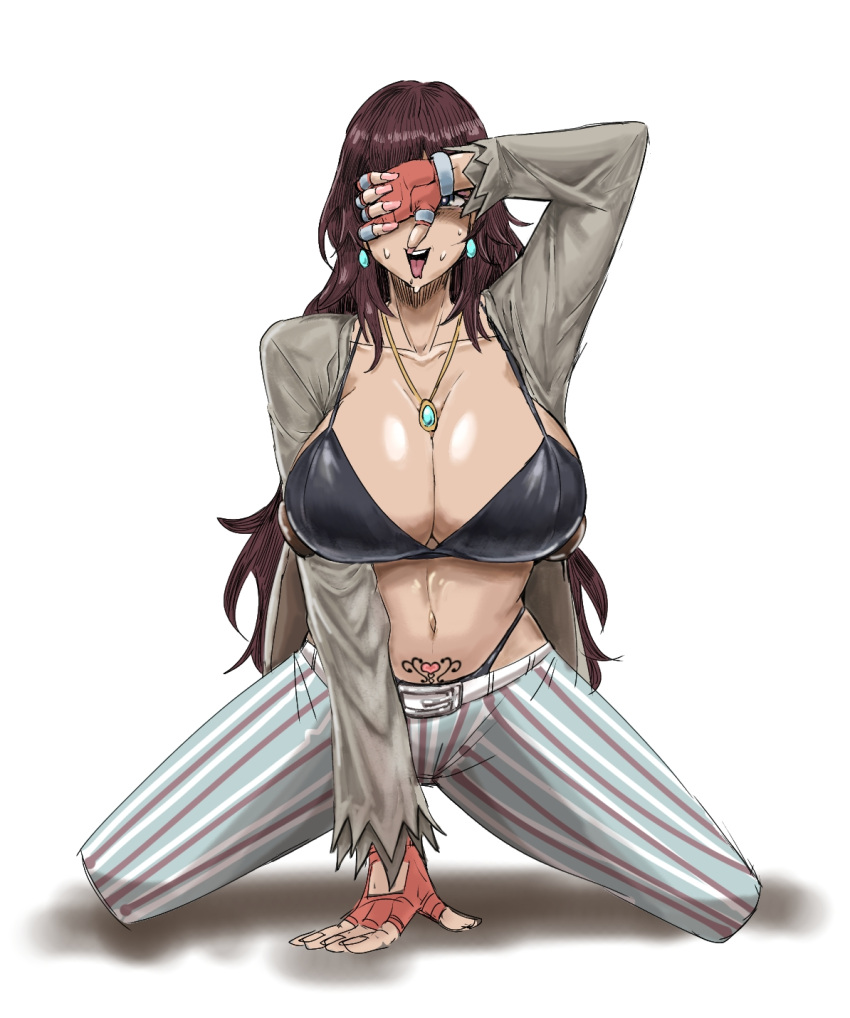 1girl black_bra black_panties bra breasts brown_hair covering_one_eye escape1111 fingerless_gloves gloves highres katarina_alves large_breasts long_hair long_sleeves lowleg lowleg_pants panties pants red_gloves simple_background solo split striped_clothes striped_pants sweat tekken tekken_7 thumb_ring tongue tongue_out underwear white_background