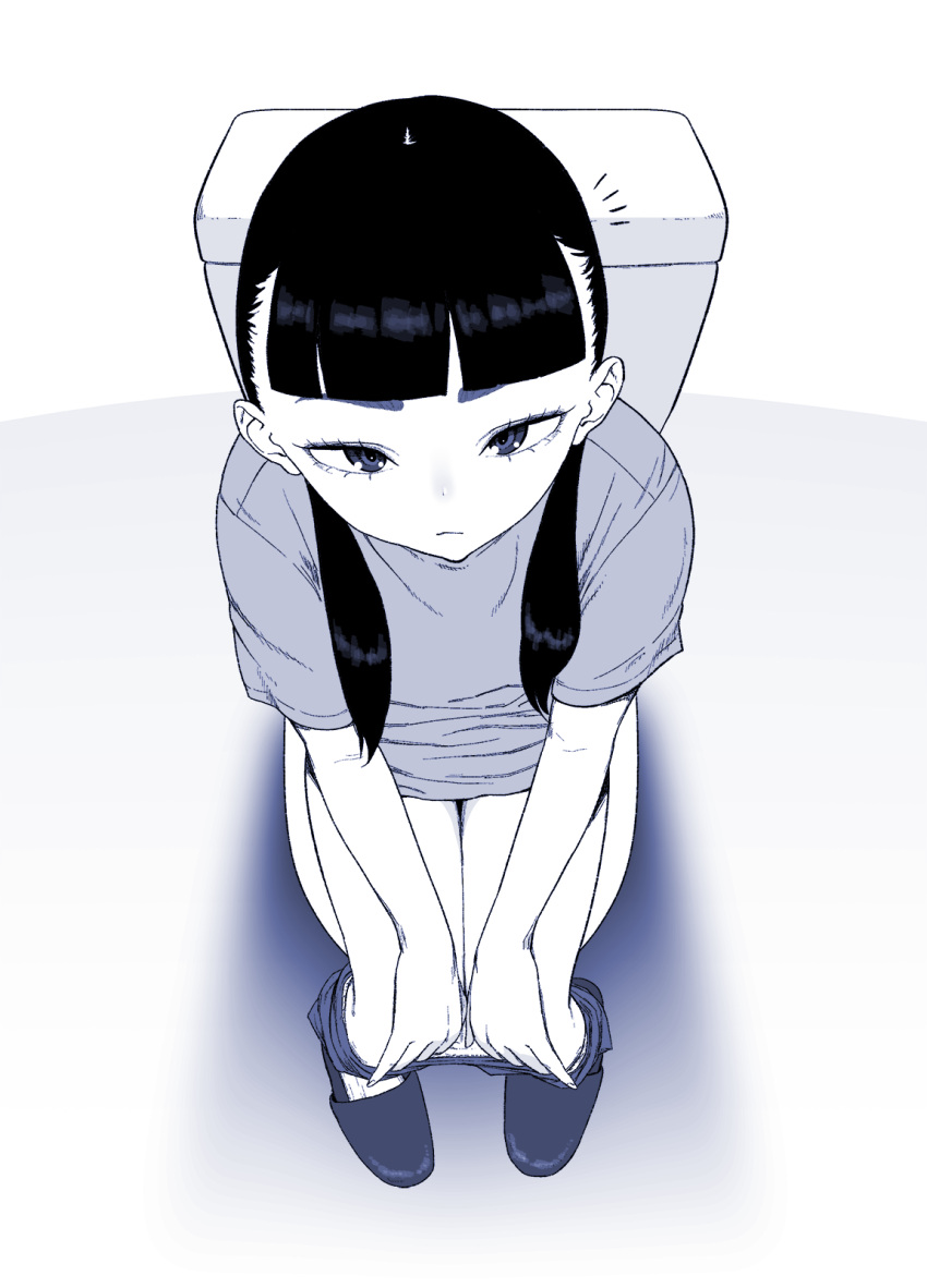 1girl blunt_bangs closed_mouth eyelashes from_above greyscale hair_over_shoulder highres looking_at_viewer monochrome notice_lines original shirt shoes short_sleeves simple_background sitting solo tocky toilet toilet_use