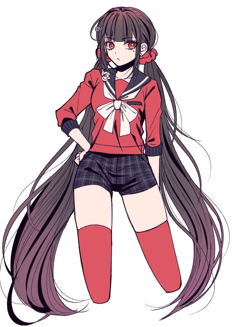 1girl alternate_costume blunt_bangs brown_hair danganronpa_(series) danganronpa_v3:_killing_harmony hair_ornament hair_scrunchie harukawa_maki highres long_hair long_sleeves looking_at_viewer low_twintails mole mole_under_eye plaid plaid_shorts pleated_skirt red_eyes red_scrunchie red_shirt sailor_collar satori_(aosky9077) school_uniform scrunchie shirt shorts skirt solo twintails