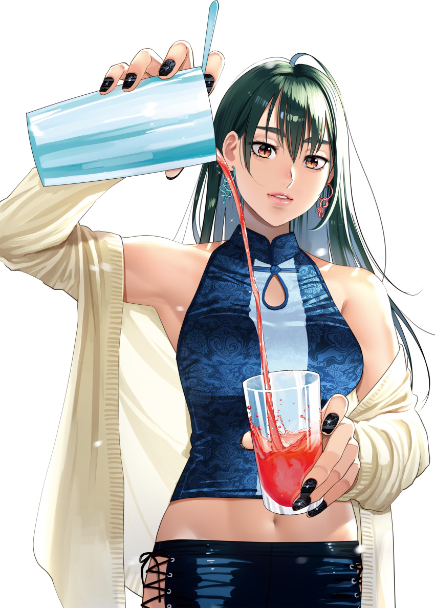 1girl absurdres bare_shoulders black_nails black_skirt brown_eyes cropped_shirt cup earrings green_hair hayakawa_pao highres holding holding_cup jacket jewelry long_hair madoromi_barmaid midriff navel official_art parted_lips shirt simple_background skirt sleeveless sleeveless_shirt solo white_background white_jacket