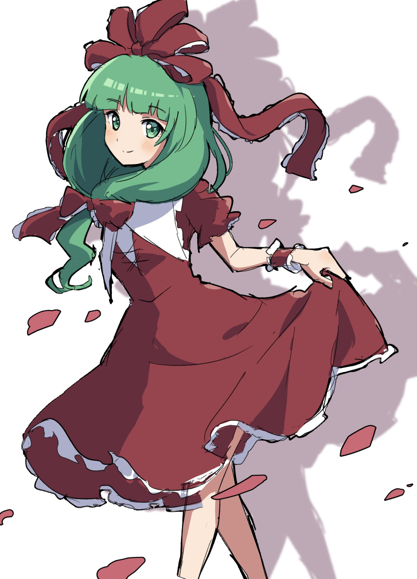 1girl absurdres blush bow closed_mouth dress feet_out_of_frame frilled_ribbon frills front_ponytail green_eyes green_hair hair_bow hair_ribbon highres kagiyama_hina long_hair looking_at_viewer miz_(mizillustration) one-hour_drawing_challenge petals puffy_short_sleeves puffy_sleeves red_bow red_dress red_ribbon ribbon shadow short_sleeves sketch skirt_hold smile solo split_mouth standing touhou white_background wrist_cuffs