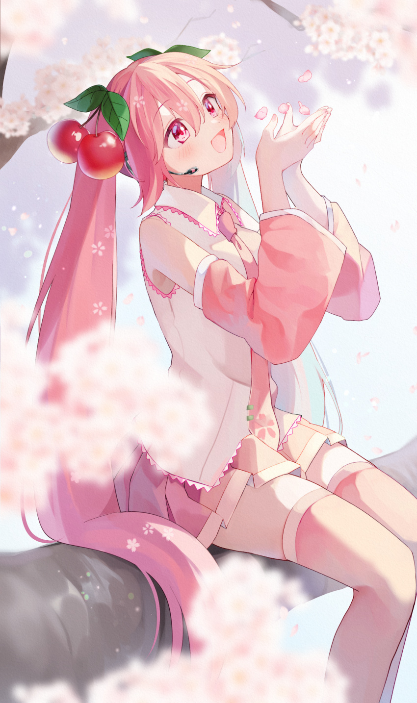 1girl blush cherry_blossoms cherry_hair_ornament detached_sleeves food-themed_hair_ornament hair_ornament hatsune_miku headset highres long_hair long_sleeves looking_up mani_(second-dimension) necktie on_branch open_mouth petals pink_eyes pink_hair pleated_skirt sakura_miku shirt sitting skirt sleeveless sleeveless_shirt smile solo thighhighs twintails very_long_hair vocaloid