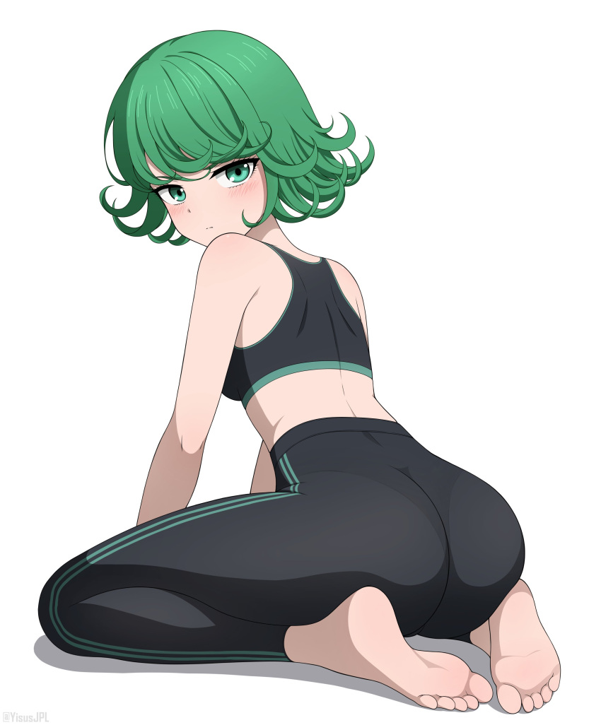 1girl absurdres alternate_costume arm_support ass back bare_shoulders barefoot black_pants blush closed_mouth commentary curly_hair english_commentary eyelashes feet from_behind full_body green_eyes green_hair highres leaning_forward looking_at_viewer looking_back one-punch_man pants short_hair simple_background sitting soles solo split_mouth sports_bra sportswear swept_bangs tatsumaki toes track_pants tsurime wariza white_background yisusjpl