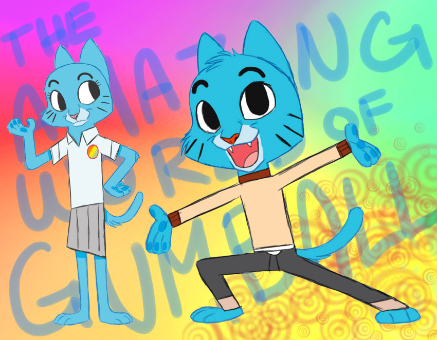 2011 anthro biped black_eyes blue_body blue_fur bottomwear cartoon_network clothed clothing colorful_background colorful_theme copyright_name digital_drawing_(artwork) digital_media_(artwork) domestic_cat duo english_text eyebrows eyelashes fangs felid feline felis female flat_colors fur graystripe64 gumball_watterson handpaw hi_res male mammal mother_(lore) mother_and_child_(lore) mother_and_son_(lore) nicole_watterson open_mouth open_smile pants parent_(lore) parent_and_child_(lore) parent_and_son_(lore) pawpads paws shirt skirt smile son_(lore) standing tail teeth text the_amazing_world_of_gumball toony topwear