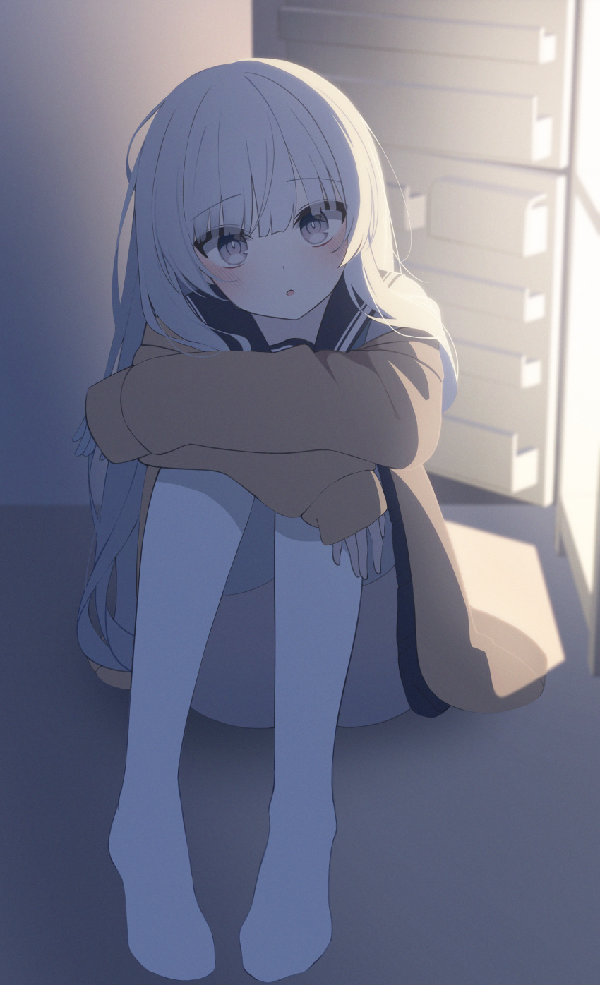 1girl absurdres blue_sailor_collar blush brown_cardigan cardigan commentary convenient_leg dot_nose full_body grey_eyes grey_hair highres hugging_own_legs indoors karou_(lhscck302) knees_up korean_commentary long_hair long_sleeves looking_at_viewer no_shoes on_floor original pantyhose parted_lips sailor_collar school_uniform sitting sleeves_past_wrists solo very_long_hair white_pantyhose