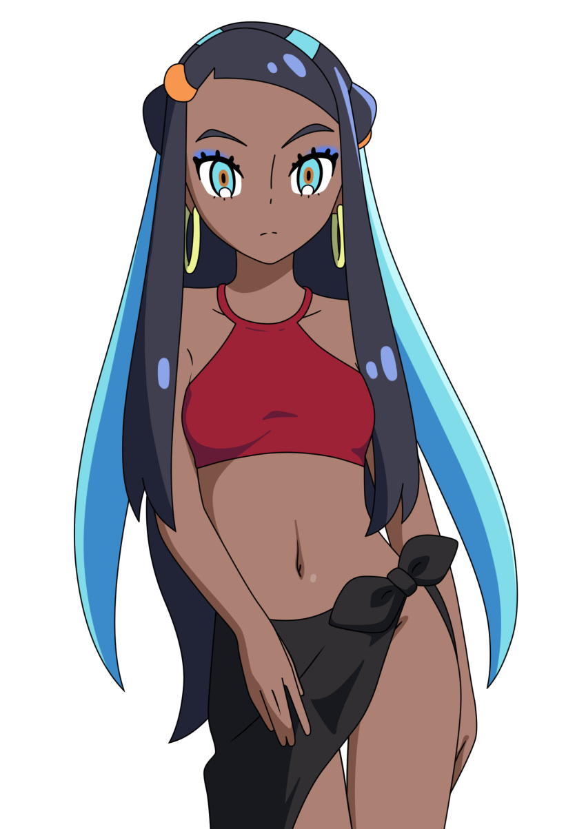 1girl aqua_eyes aqua_hair black_hair blue_eyeshadow breasts collarbone commentary_request cowboy_shot cropped_shirt dark-skinned_female dark_skin earrings eyelashes eyeshadow highres hoop_earrings jewelry kyodori_(oyogume) long_hair makeup medium_breasts midriff multicolored_hair navel nessa_(pokemon) pokemon pokemon:_twilight_wings red_shirt sarong shirt sidelocks simple_background sleeveless sleeveless_shirt solo two-tone_hair white_background