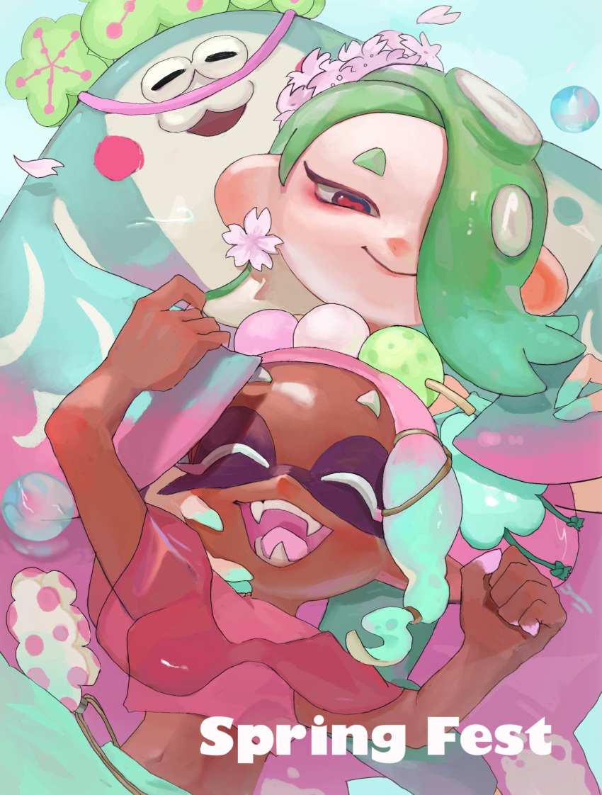 1boy 2girls :&gt; :d ^_^ arm_up big_man_(splatoon) blue_background blue_eyes blue_hair blue_pants blue_shawl bubble cephalopod_eyes clenched_hand closed_eyes closed_mouth colored_eyelashes commentary_request crop_top dango dark-skinned_female dark_skin earrings english_commentary english_text fangs flower flower_earrings food food_on_head frye_(splatoon) gradient_hair green_hair hair_flower hair_ornament hair_over_one_eye hair_tie hand_on_another's_face happy highres inkling jewelry long_hair looking_at_viewer manta_ray mepo_1 midriff mixed-language_commentary multicolored_hair multiple_girls navel object_on_head octoling official_alternate_costume official_alternate_hair_color one_eye_covered open_mouth pants pink_flower pink_hair pink_shawl pink_shirt red_pupils see-through_shawl shawl shirt shiver_(splatoon) short_eyebrows sleeveless sleeveless_shirt smile splatoon_(series) splatoon_3 suction_cups tentacle_hair two-tone_hair wagashi white_flower