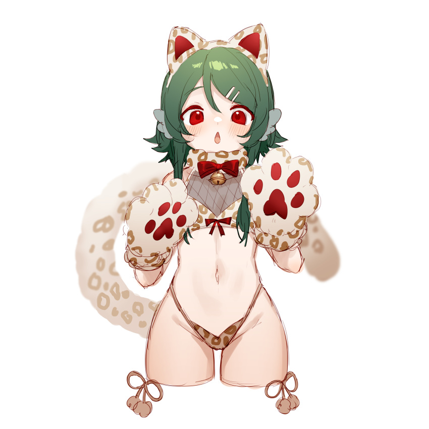 1girl :o absurdres animal_ear_hairband animal_ears animal_hands animal_print bare_shoulders bell blush bow bowtie bra cat_ear_hairband cat_ears character_request chestnut_mouth chinese_commentary commentary_request cropped_legs fake_animal_ears fishnet_top fishnets flat_chest fur_collar gloves green_hair groin hair_ornament hairband hairclip hand_up highleg highleg_panties highres jingle_bell leopard_print leopard_tail looking_at_viewer miyayoki navel neck_bell original panties paw_gloves raised_eyebrows red_bow red_bowtie red_eyes sidelocks simple_background sketch solo stomach tail underwear white_background wing_ears yellow_bra yellow_collar yellow_gloves yellow_panties