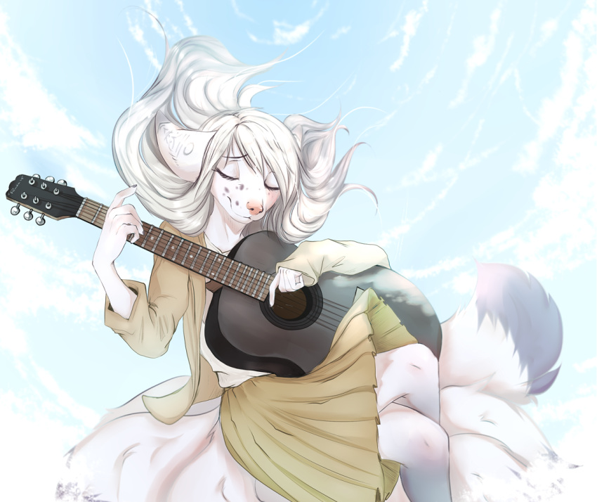 2019 anthro bambolbi biped blonde_hair bottomwear canid canine clothing cloud digital_media_(artwork) eyelashes eyes_closed female fur guitar hair holding_guitar long_hair mammal multi_tail musical_instrument outside pink_nose playing_guitar playing_music pleated_skirt plucked_string_instrument shaded shirt skirt sky solo string_instrument tail topwear white_body white_clothing white_fur white_shirt white_topwear yellow_bottomwear yellow_clothing yellow_jacket yellow_skirt