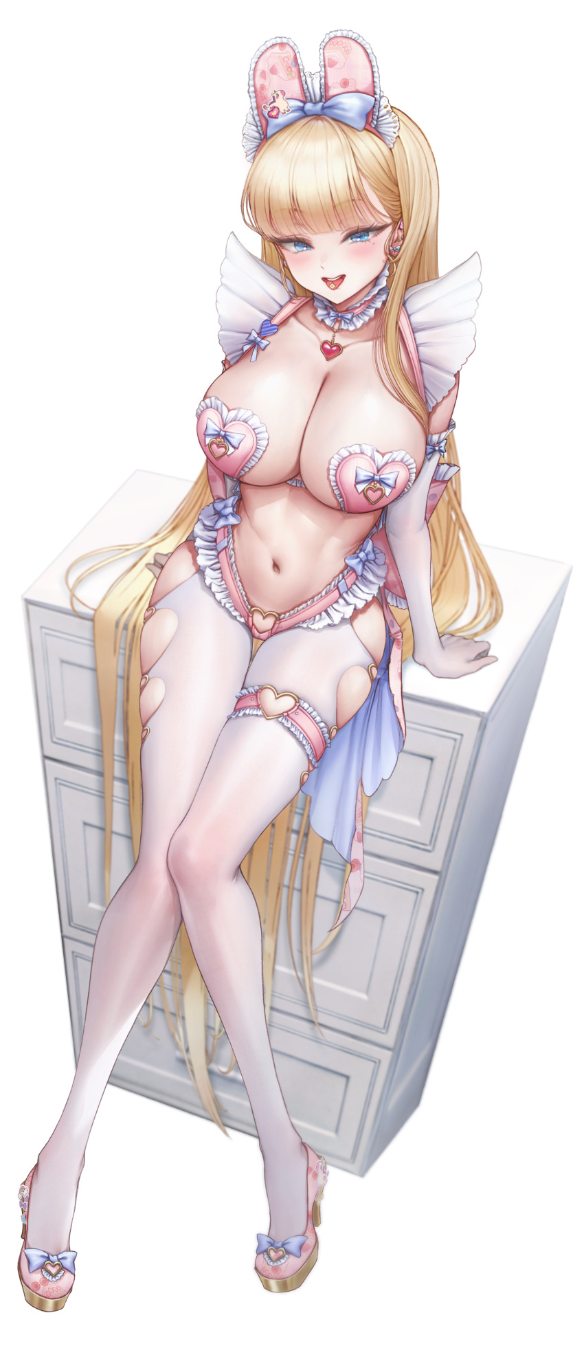 1girl absurdres animal_ears bangs blonde_hair blue_eyes blue_ribbon blunt_bangs blush breasts cabinet cleavage clothing_request commentary detached_collar ear_piercing elbow_gloves fake_animal_ears frilled_straps frills full_body gem gloves heart heart_necklace heart_o-ring high_heels highres jewelry large_breasts long_hair looking_at_viewer mole mole_under_eye na1tsu2me3 navel necklace open_mouth original pantyhose piercing pink_footwear pink_pasties rabbit_ears red_gemstone ribbon short_sleeves side_cutout simple_background sitting smile solo symbol-only_commentary thigh_strap tongue tongue_out very_long_hair white_background white_gloves white_pantyhose