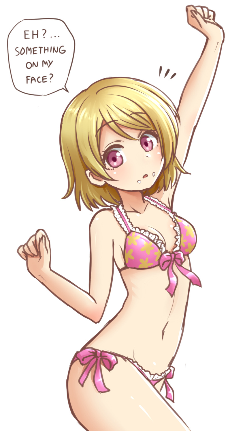 1girl arm_up bikini blush breasts brown_hair commentary english_commentary english_text food food_on_face highres koizumi_hanayo looking_at_viewer love_live! navel open_mouth purdoy25 purple_eyes short_hair side-tie_bikini_bottom small_breasts solo swimsuit