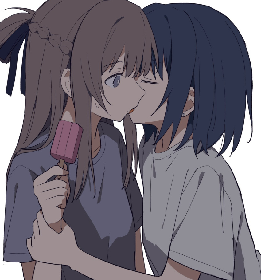 2girls black_ribbon blue_hair bright_pupils brown_hair closed_eyes coldcat. commentary_request commission earrings food grey_shirt hair_ribbon hand_on_another's_wrist highres holding holding_food holding_popsicle jewelry kiss licking licking_another's_face licking_another's_lips long_hair medium_hair miyagi_shiori multiple_girls popsicle purple_shirt ribbon second-party_source sendai_hazuki shirt short_sleeves shuuniichido_classmate_wo_kau_hanashi simple_background stud_earrings sweat tongue upper_body white_background white_pupils yuri