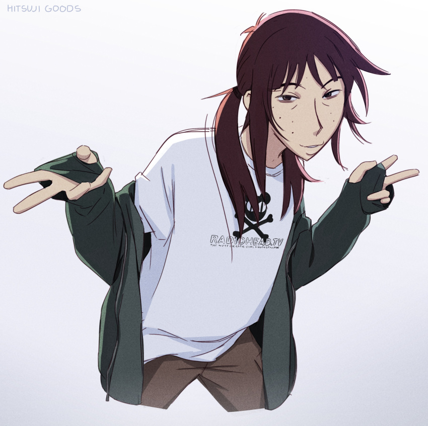 1girl absurdres artist_name brown_eyes brown_hair brown_pants commentary cowboy_shot cropped_legs double_v freckles green_hoodie hair_tie highres hitsuji_(hitsujigoods) hood hoodie kara_eklund low_twintails original pants radiohead_(band) shirt signature solo t-shirt twintails v white_shirt