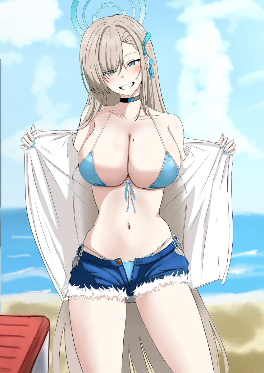 1girl absurdres aizawa_u-ji asuna_(blue_archive) beach bikini bikini_under_clothes blue_archive blue_bikini blue_eyes blue_shorts breasts choker cowboy_shot cutoffs day denim denim_shorts front-tie_bikini_top front-tie_top hair_over_one_eye halo highres large_breasts light_brown_hair long_hair looking_at_viewer micro_shorts mole mole_on_breast navel open_clothes open_fly open_shirt outdoors shorts side-tie_bikini_bottom smile solo standing swimsuit very_long_hair