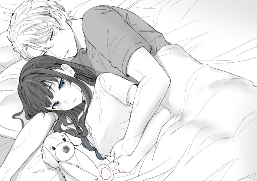 1boy 1girl bed blue_eyes blush carrot_(robosquat) commentary_request couple hetero hug hug_from_behind long_hair looking_at_another monochrome original shirt spot_color stuffed_animal stuffed_toy t-shirt under_covers