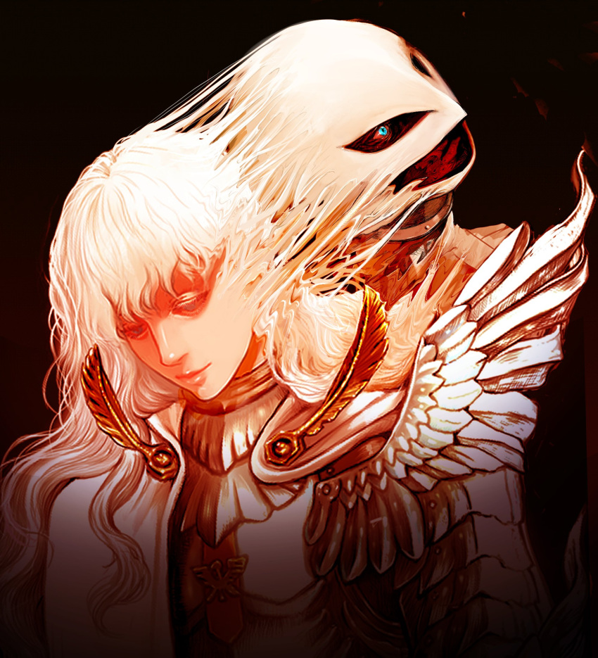 1boy armor berserk black_background blue_eyes body_horror burnt cloak closed_mouth collar empty_eyes eyelashes fake_wings frown griffith_(berserk) hashtag-only_commentary helmet highres kawakami_tomie light_smile long_hair male_focus multiple_heads nisino2222 parody smile solo tomie upper_body wavy_hair white_cloak white_hair wings