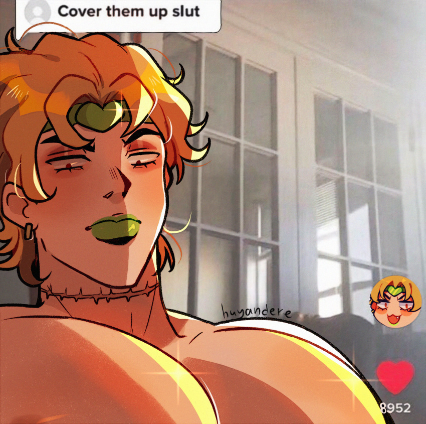 1boy blonde_hair commentary cover_them_up_slut_(meme) dio_brando earrings english_commentary fang green_headband green_lips headband highres huyandere jewelry jojo_no_kimyou_na_bouken large_pectorals male_focus meme pectorals photo_background red_eyes scar scar_on_neck shiny_skin solo sparkle stardust_crusaders