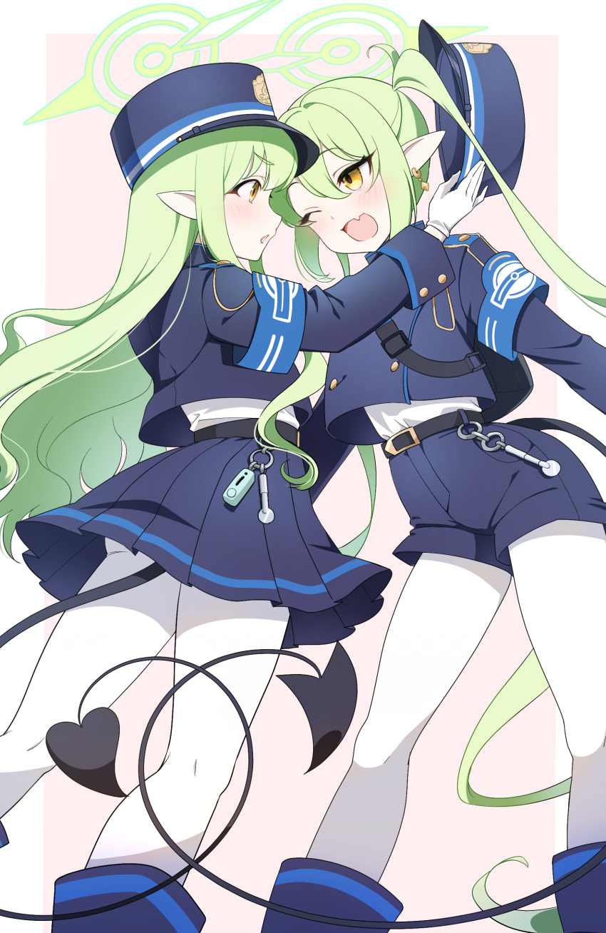 2girls absurdres armband belt black_belt black_hat black_jacket black_shorts black_skirt black_tail blue_archive blue_armband blush border earrings eye_contact feet_out_of_frame gloves green_hair green_halo hair_between_eyes halo hat highres hikari_(blue_archive) holding holding_clothes holding_hat jacket jewelry long_hair long_sleeves looking_at_another multiple_girls nozomi_(blue_archive) one_eye_closed open_mouth outside_border pantyhose peaked_cap pleated_skirt pointy_ears profile shorts sidelocks skirt smile standing tail tuyumori_kaoru_(alilybell1241) twintails unworn_hat unworn_headwear very_long_hair white_border white_gloves white_pantyhose yellow_eyes