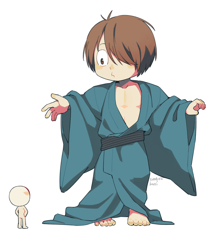 2boys absurdres artist_name barefoot blue_kimono brown_eyes brown_hair child father_and_son gegege_no_kitarou hair_over_one_eye hands_on_own_hips highres japanese_clothes kani6850 kimono kitarou_tanjou:_gegege_no_nazo medama_oyaji multiple_boys oversized_clothes simple_background standing white_background