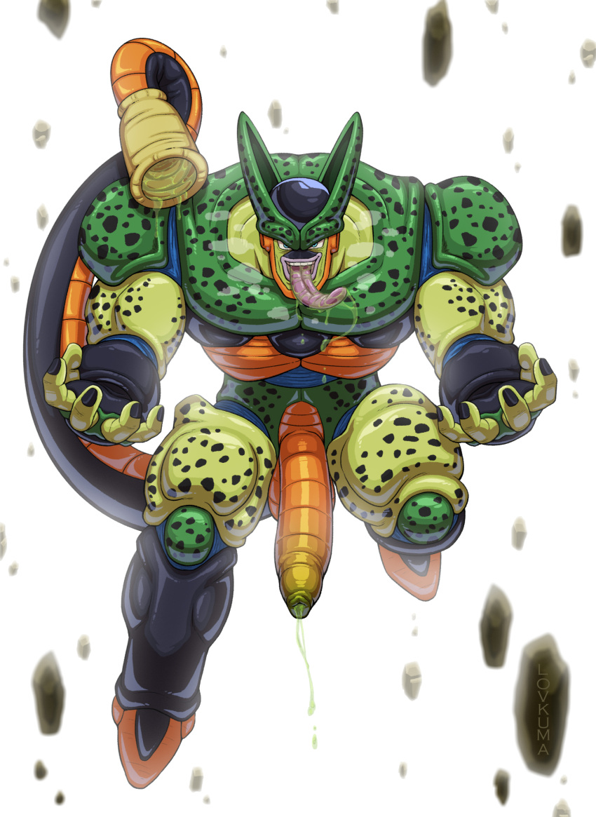 alien anthro bedroom_eyes bodily_fluids cell_(dragon_ball) cum dragon_ball foreskin genital_fluids genitals green_body hi_res horn humanoid hybrid leaking_cum looking_at_viewer lovkuma male muscular muscular_male narrowed_eyes penis pointy_feet seductive semi-perfect_cell solo tail tongue tongue_out