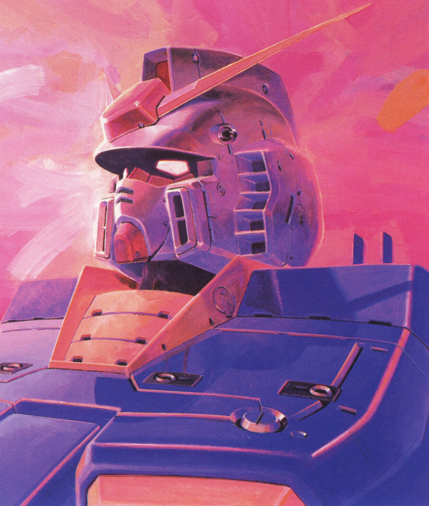 1980s_(style) 1990s_(style) gun gundam highres katoki_hajime machine_gun machinery mecha mobile_suit mobile_suit_gundam muzzle no_humans official_art painting_(medium) promotional_art retro_artstyle robot rx-78-2 scan science_fiction traditional_media upper_body v-fin weapon