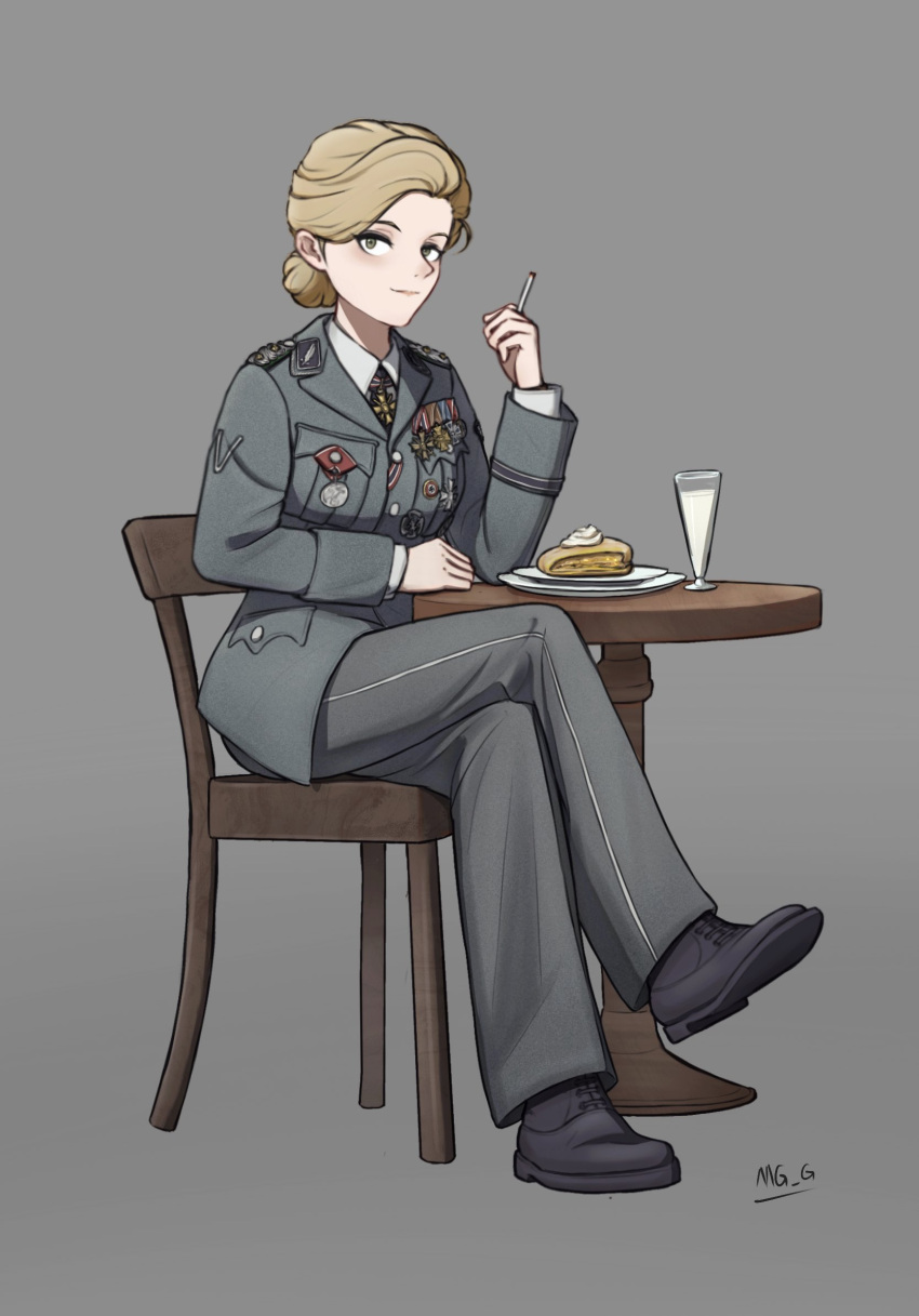 1girl artist_name black_footwear collared_shirt commentary crossed_legs genderswap genderswap_(mtf) grey_background grey_eyes grey_jacket grey_pants hans_landa highres inglourious_basterds jacket long_hair long_sleeves medal mg_g military_uniform on_chair pants shirt shoes simple_background sitting smile solo table uniform white_shirt