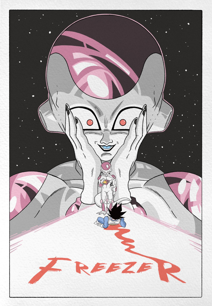 alien amor black_hair blood boots dragon_ball dragon_ball_z frieza highres on_floor open_mouth pearl_(movie) red_eyes science_fiction spiked_hair star_(sky) teeth vegeta wesatinthecar white_footwear