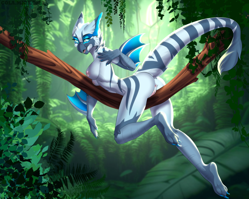 absurd_res anthro anus aurora_(captainscales) branch breasts capcom cola.miga female flying_wyvern forest genitals hi_res jungle looking_at_viewer monster_hunter nargacuga nipples outdoor_nudity outside plant pussy raised_tail solo straddling tail tree winged_arms wings