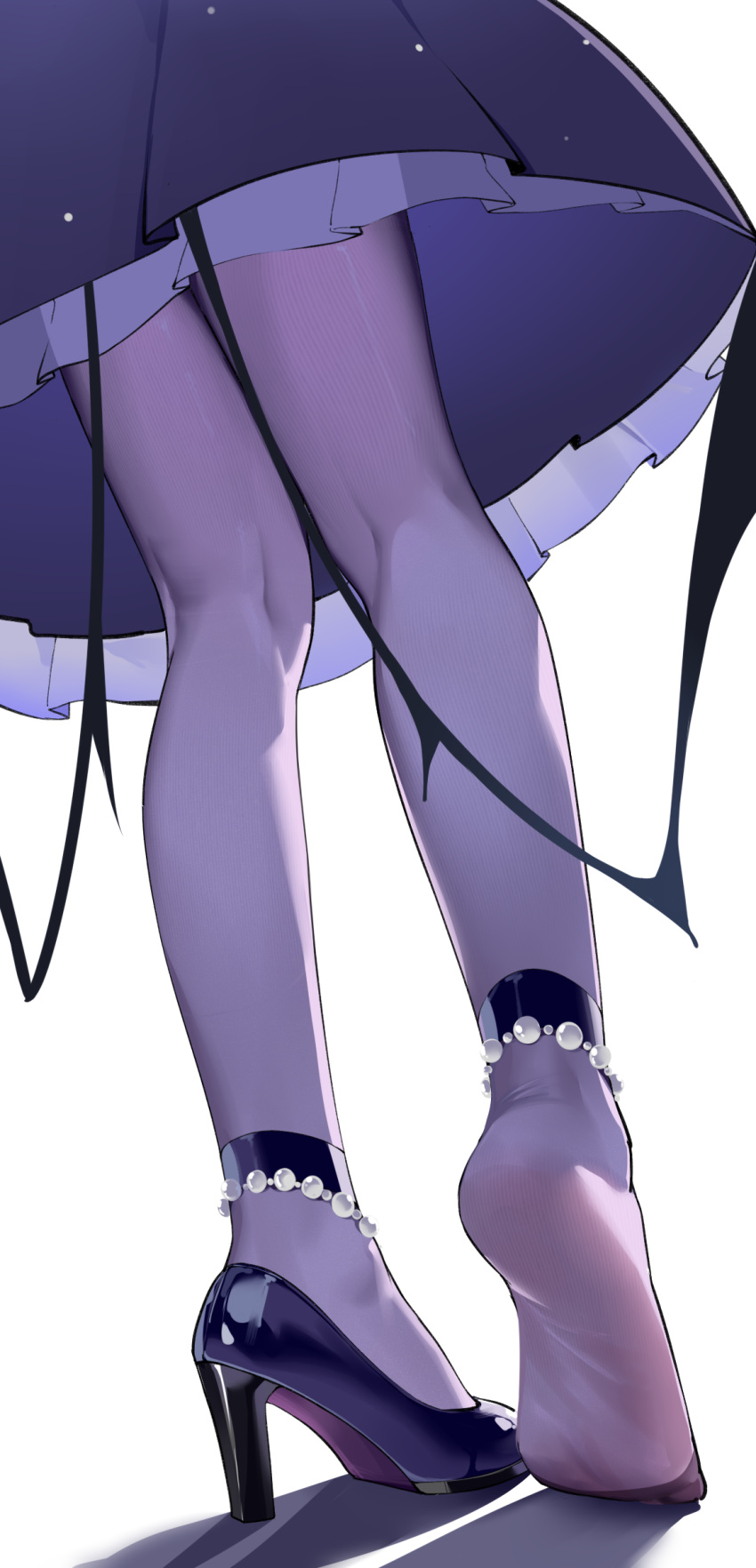 1girl absurdres blue_archive dress feet frilled_dress frills from_behind head_out_of_frame high_heels highres hina_(blue_archive) hina_(dress)_(blue_archive) legs low_wings lower_body no_shoes painterliuhao pantyhose purple_dress purple_pantyhose revision shoes single_shoe solo standing tiptoes wings