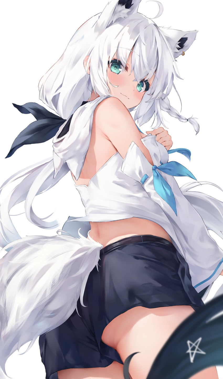 1girl absurdres ahoge animal_ear_fluff animal_ears bare_shoulders black_shorts blue_eyes blush braid closed_mouth commentary_request detached_sleeves ear_piercing fox_ears fox_tail from_behind highres hololive hood hood_down long_hair looking_at_viewer looking_back midriff piercing shirakami_fubuki shirakami_fubuki_(1st_costume) short_shorts shorts simple_background single_bare_shoulder single_braid smile solo tail tareme uechin_ewokaku virtual_youtuber white_background white_hair