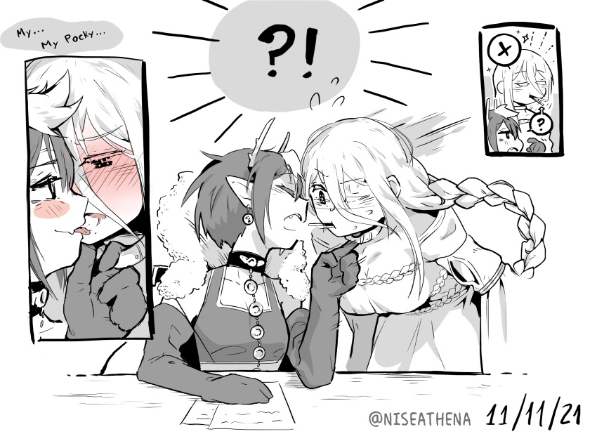 !? 2girls ? after_kiss ariel_(kumo_desu_ga_nani_ka?) blush braid breasts choker cleavage collar_tug commentary dated dress earrings elbow_gloves english_commentary english_text fang flying_sweatdrops food food_in_mouth gloves greyscale hand_on_another's_chin highres horns jewelry kumo_desu_ga_nani_ka? licking licking_another's_face licking_another's_lips long_hair medium_breasts monochrome multiple_girls niseathena off-shoulder_dress off_shoulder open_mouth paper pocky pocky_day pocky_in_mouth pocky_kiss pointy_ears saliva saliva_trail shiraori short_hair single_braid sitting skin_fang small_breasts spoken_question_mark spoken_symbol standing twitter_username yuri