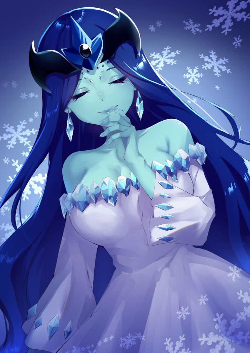 1girl absurdres bakuten_shoot_beyblade bare_shoulders beyblade blue_skin breasts cleavage closed_eyes colored_skin dress earrings facing_viewer hand_up highres jewelry large_breasts long_hair meronnpannpi smile snowflakes solo standing white_dress yuki_onna yuki_onna_(beyblade)