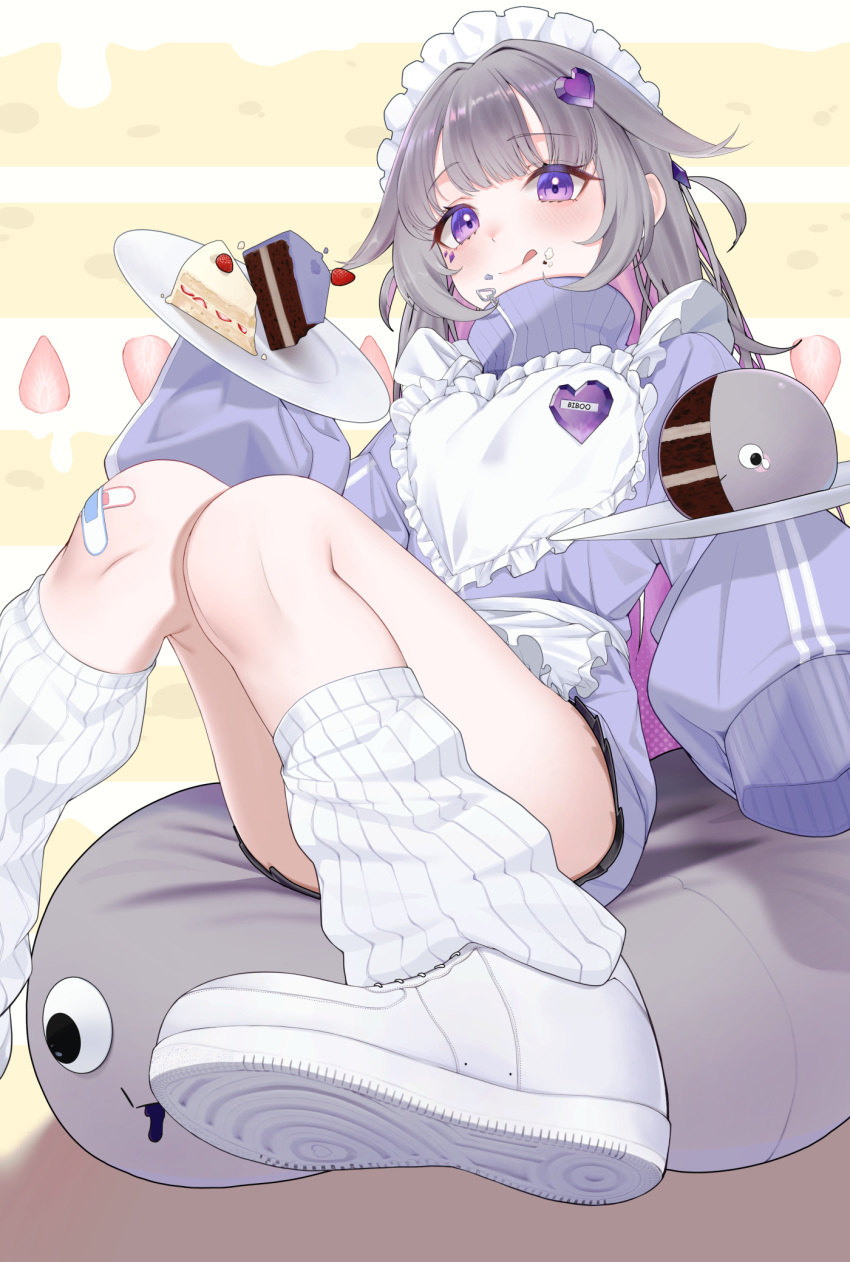 1girl :q alternate_costume apron blush cake cake_slice colored_inner_hair english_commentary food food_on_face grey_hair hair_ornament heart heart_hair_ornament highres holding holding_plate hololive hololive_english jersey_maid knees_together_feet_apart koseki_bijou long_hair looking_at_viewer looking_down maid maid_headdress mintz912 multicolored_hair pink_hair plate purple_eyes purple_shirt shirt shoes sitting sleeves_past_fingers sleeves_past_wrists socks solo thighs tongue tongue_out turtleneck unconventional_maid virtual_youtuber white_apron white_footwear white_socks