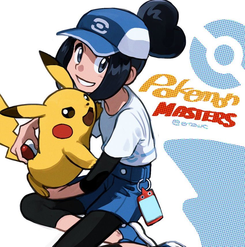 1girl baseball_cap bettie_(pokemon) black_hair black_leggings blue_footwear blue_headwear blue_shorts blush buttons commentary copyright_name elizabeth_(tomas21) grey_eyes grin hair_bun hat highres holding holding_poke_ball leggings pikachu poke_ball poke_ball_(basic) poke_ball_symbol pokemon pokemon_(game) pokemon_masters_ex shirt shoes short_hair shorts single_hair_bun sitting smile sneakers twitter_username undershirt white_background white_shirt