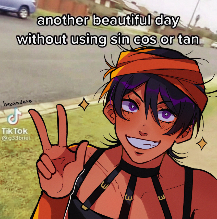 1boy absurdres anachronism black_choker choker commentary english_commentary english_text grin hairband highres huyandere jojo_no_kimyou_na_bouken male_focus narancia_ghirga orange_hairband photo_background purple_eyes purple_hair selfie smile solo sparkling_aura tiktok vento_aureo w