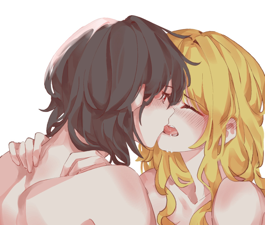 2girls black_hair blonde_hair blush claire_francois closed_eyes commentary english_commentary french_kiss hands_on_another's_shoulders kiss looking_at_another medium_hair multiple_girls nude open_mouth rae_taylor red_eyes saliva selayiss tongue tongue_out upper_body watashi_no_oshi_wa_akuyaku_reijou yuri