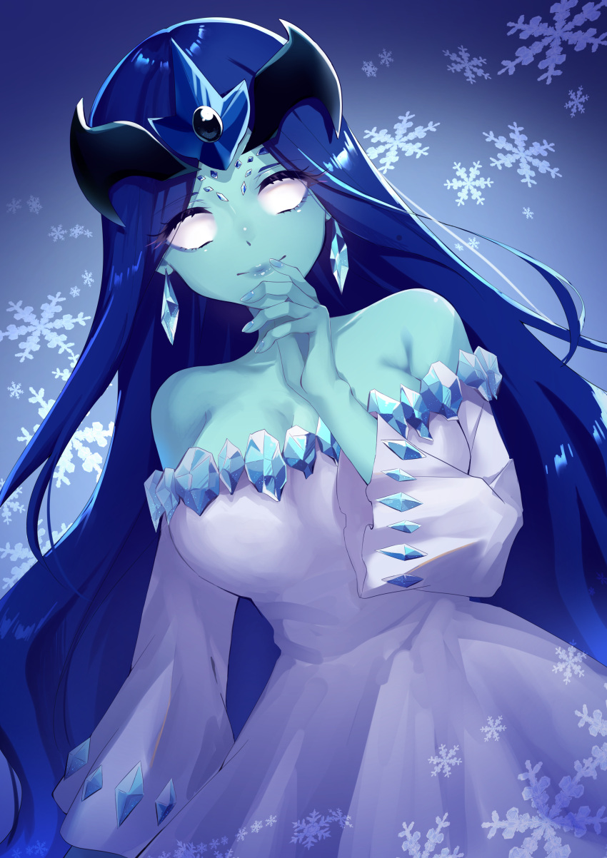 1girl absurdres bakuten_shoot_beyblade bare_shoulders beyblade blank_eyes blue_skin breasts cleavage colored_skin dress earrings facing_viewer hand_up highres jewelry large_breasts long_hair meronnpannpi open_mouth snowflakes solo standing white_dress yuki_onna yuki_onna_(beyblade)