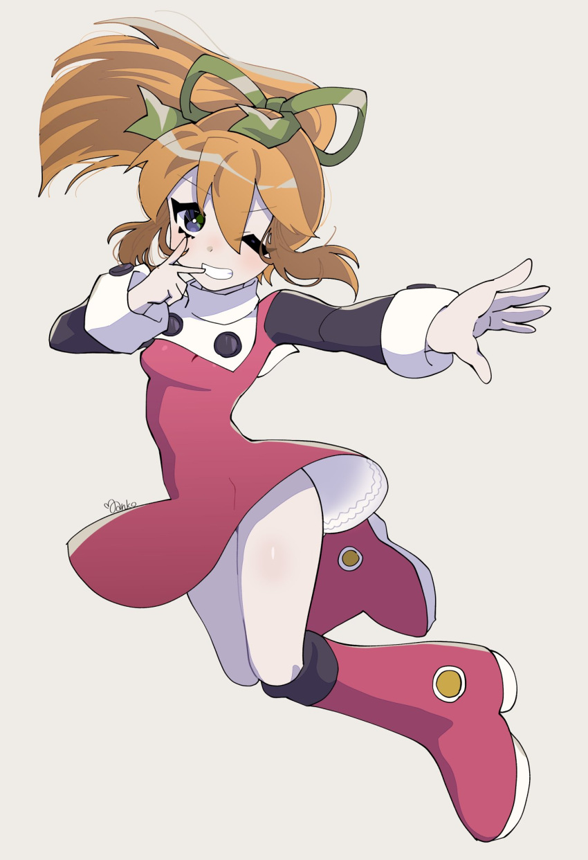 black_eyes black_sleeves blonde_hair boots dress high_ponytail highres koshianpancake long_hair mega_man_(character) mega_man_(classic) mega_man_(series) one_eye_closed red_dress red_footwear roll_(mega_man) short_dress signature simple_background v white_background